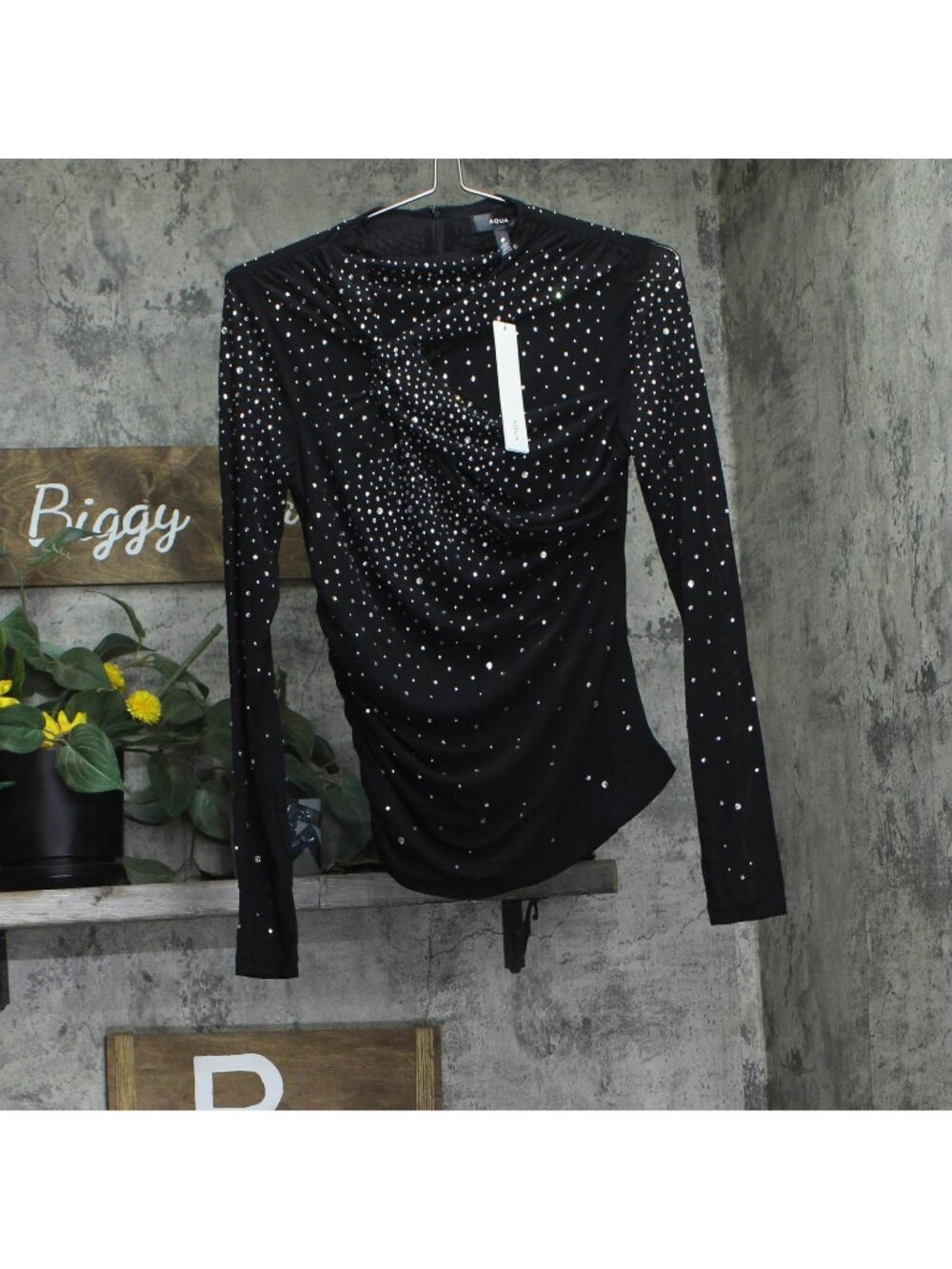 Aqua Rhinestone Mesh Jersey Long Sleeve Top 46855BD Black M